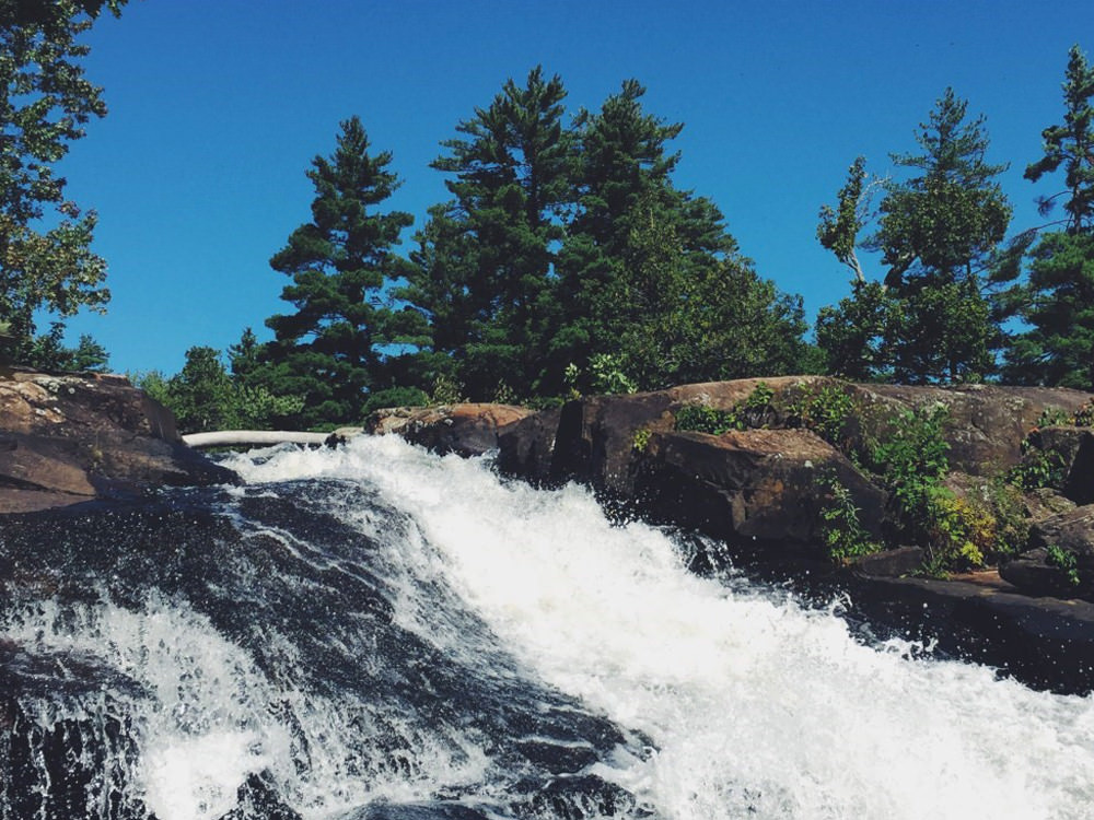Rushing waterfalls surrounded by evergreen forest.