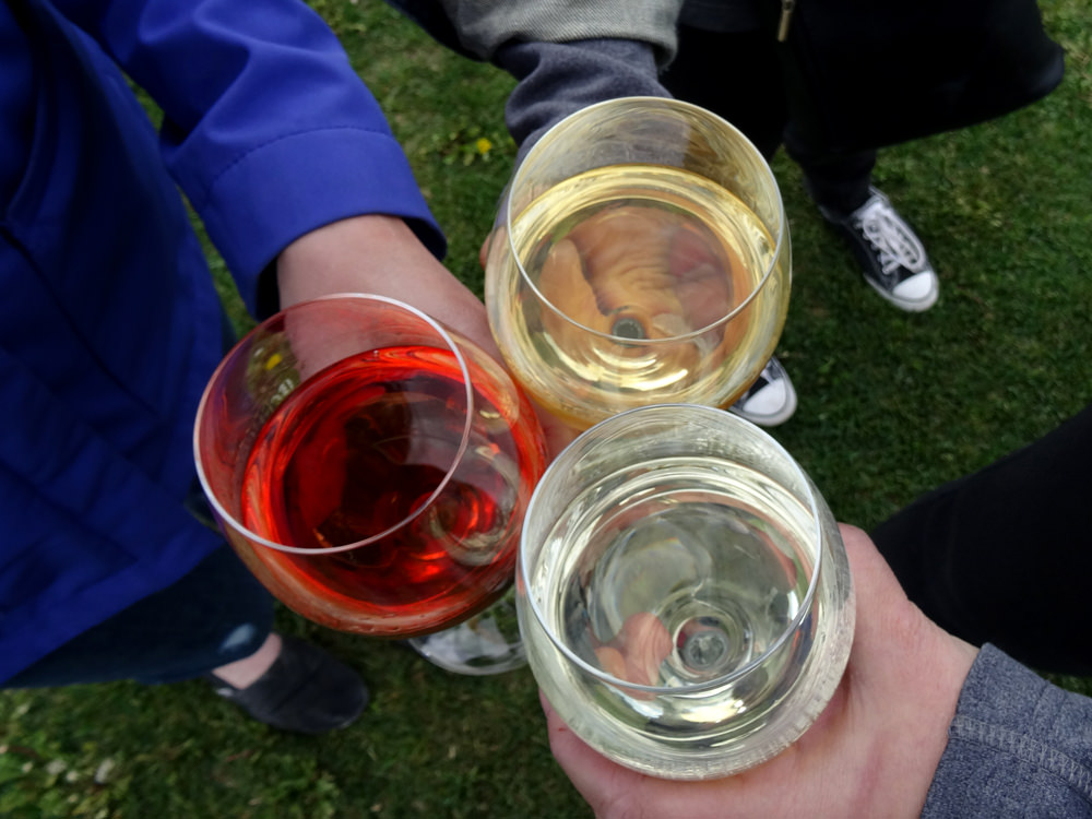 Drei Freunde stoßen auf eine Weintour an und probieren verschiedene Weinsorten