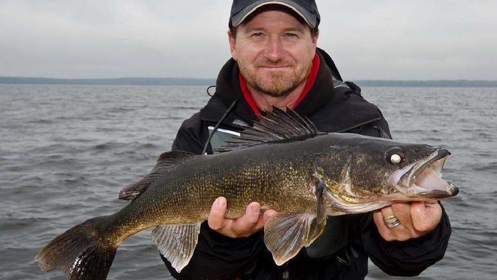Pete Bowman, un pescador experimentado, se para en un bote y sostiene un pez leucoma con las dos manos.