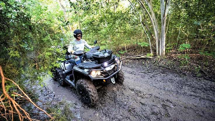 Eine Person, die mit einem ATV auf einem Feldweg im Wald fährt.