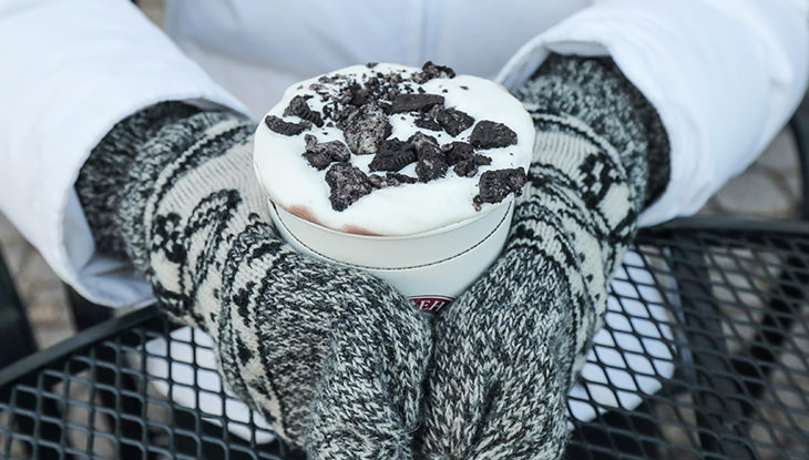 Close-up of a person's hands in warm mittens holding a cup of hot chocolate.